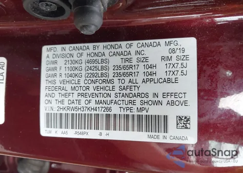 2019 Honda Cr-V Lx из США, поврежденный, VIN 2HKRW5H37KH417266